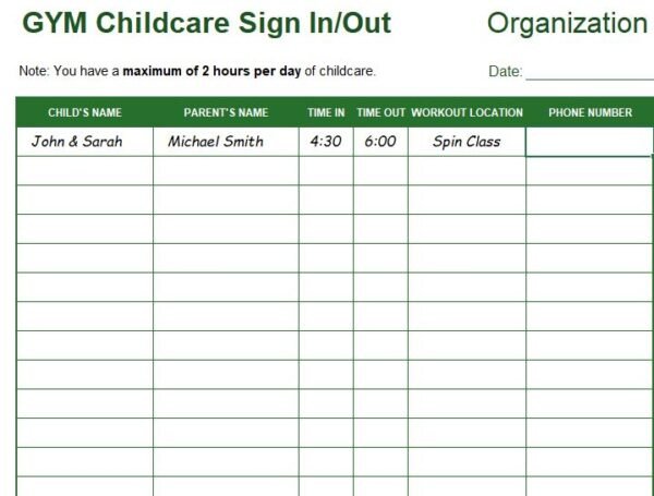 Childcare Gym Attendance Sign-In