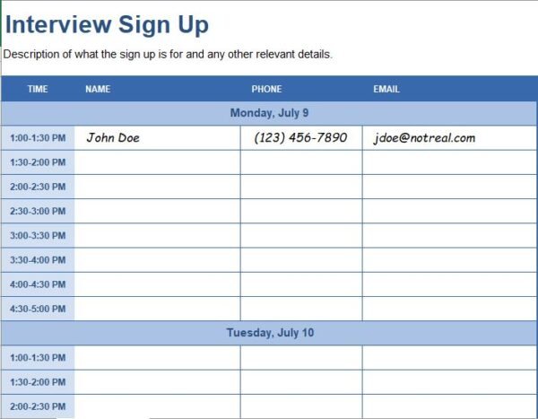 Interview List Sheet Excel Template