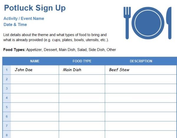 Potluck Sign-Up Sheet