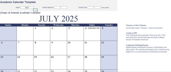 Academic Calendar Landscape Excel Template