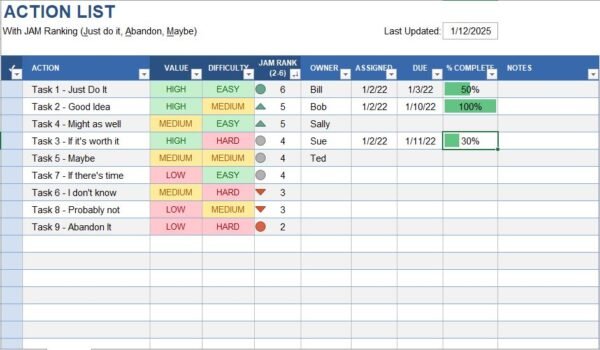 Action List with Ranking – Excel Template