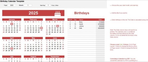 Birthday Calendar Excel Template