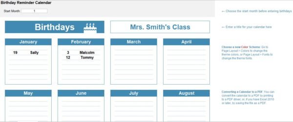 Birthday Calendar Reminder Excel Template
