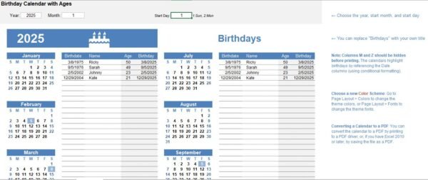 Birthday Calendar with Ages Excel Template