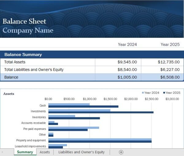 Blue Balance Sheet Excel Template