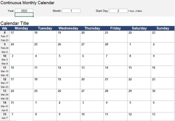 Continuous Monthly Calendar Excel Template