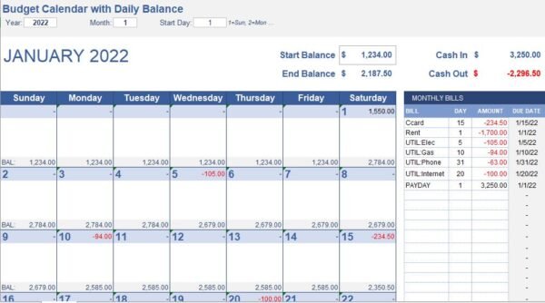 Daily Budget Calendar Excel Template