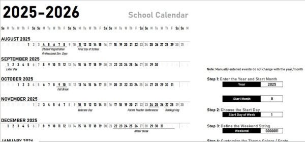 Horizontal Yearly School Calendar Excel Template