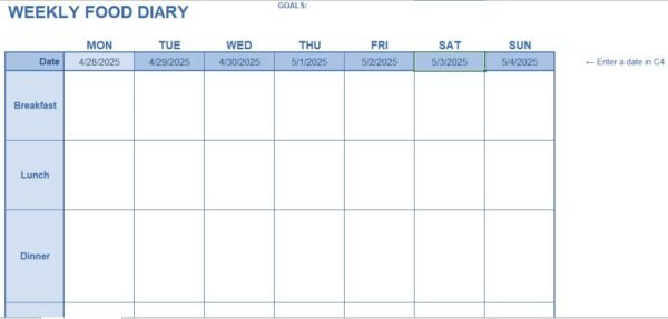 Weekly Food Diary – Excel Template