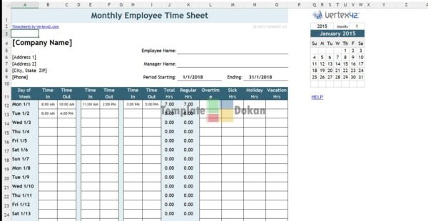 Timesheet With 2 Breaks Monthly