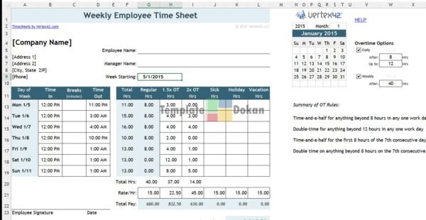 Timesheet With Breaks In Minutes CA